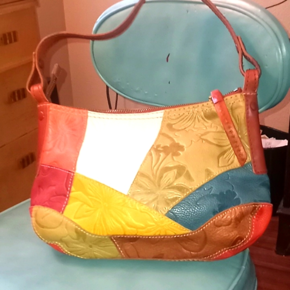 Beautiful fossil patchwork handbag leather excellent shape